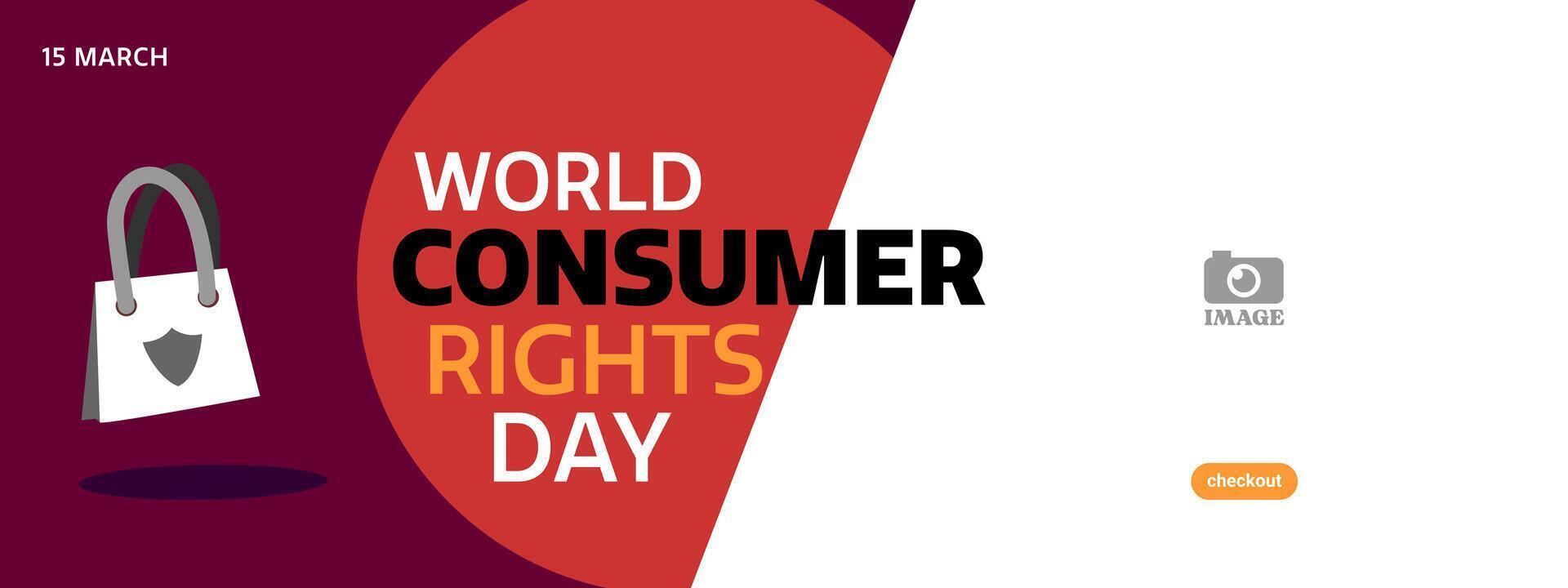 World Consumer Rights Day. Banner template design with typographic text and bag illustration for annual March 15. Web vector