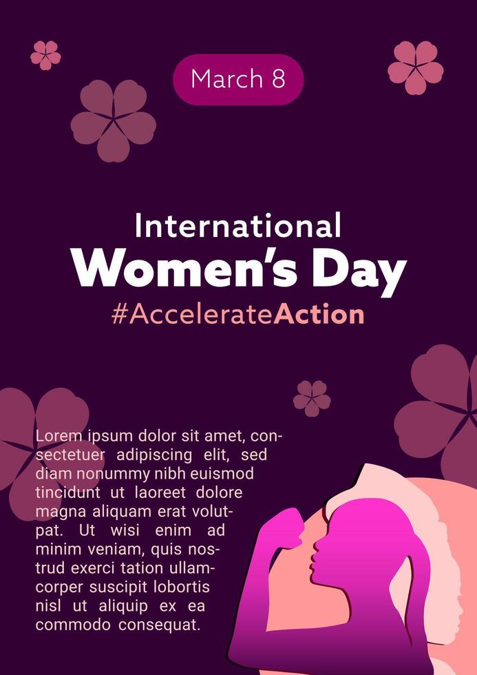 International Women's Day. Poster design with abstract frame and woman silhouette, floral element for celebration, campaigns, advertisement for acceleration action on March 8 vector