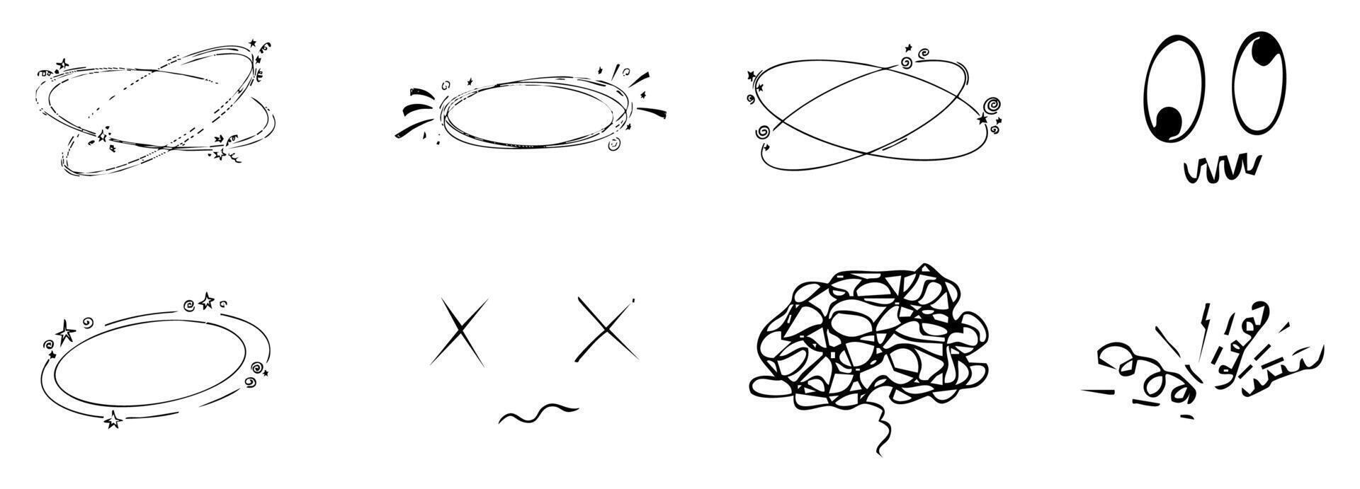 Dizzy effect, headache, sick drawing doodle comic set. dizziness faces, stars overhead anime emotions, crazy hand drawn line collection. vector