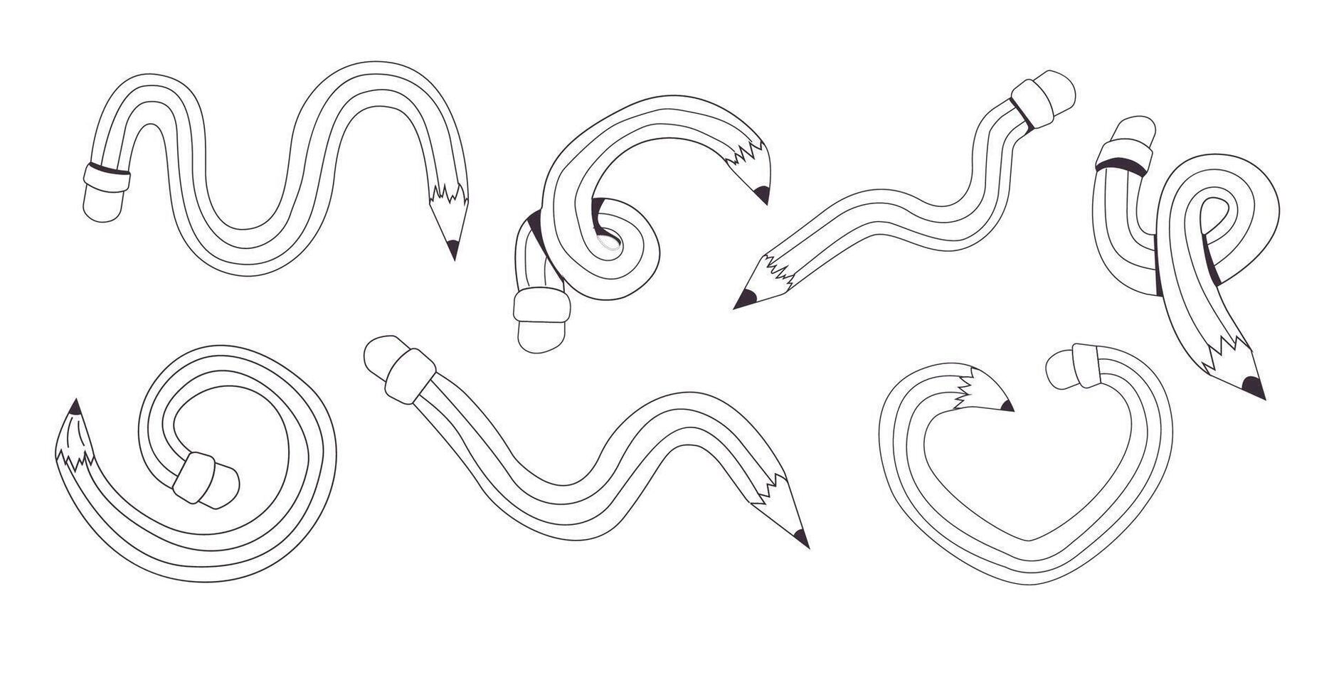 Twisted curved comic pencil doodle sketchy. Line hand drawn simple pencil. Funky flexible school supplies. Trendy writing tool vector