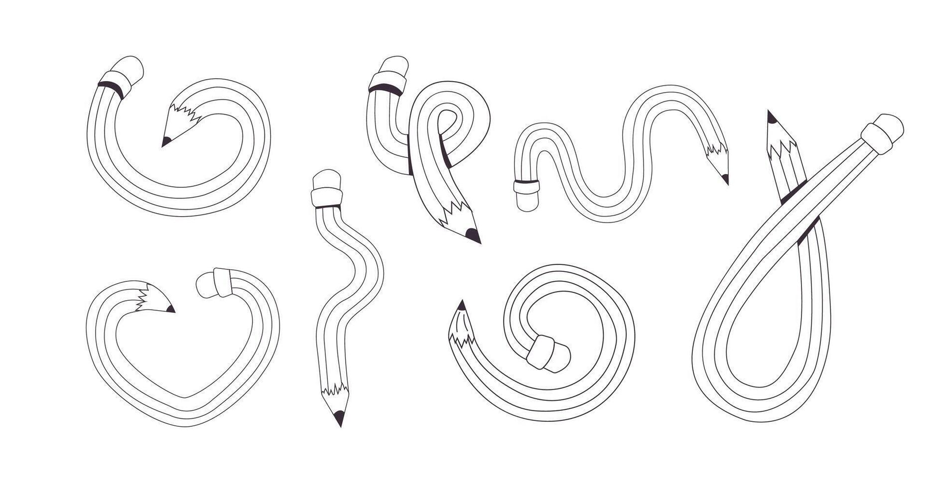 Twisted curved comic pencil doodle sketchy. Line hand drawn simple pencil. Funky flexible school supplies. Trendy writing tool vector