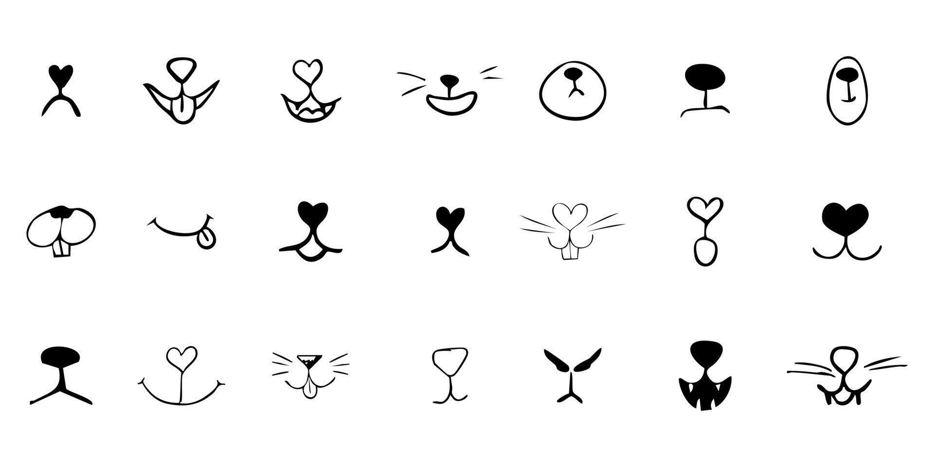 Pet mouth comic cute line doodle drawing. Set lips, noses and whiskers animal characters. Funny heart nose, hand drawn faces. vector