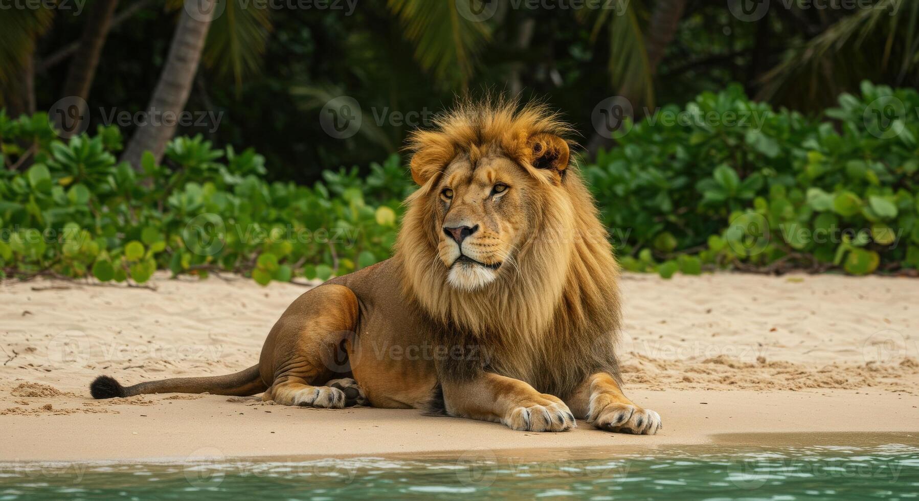 A lion sitting on the beach near the water photo