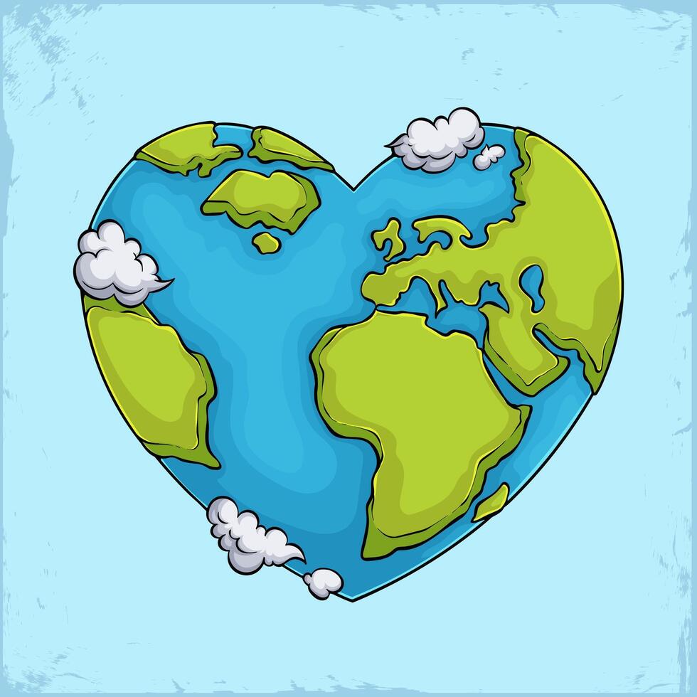 Hand drawn heart shaped earth planet with oceans and continents celebrating green earth day event vector