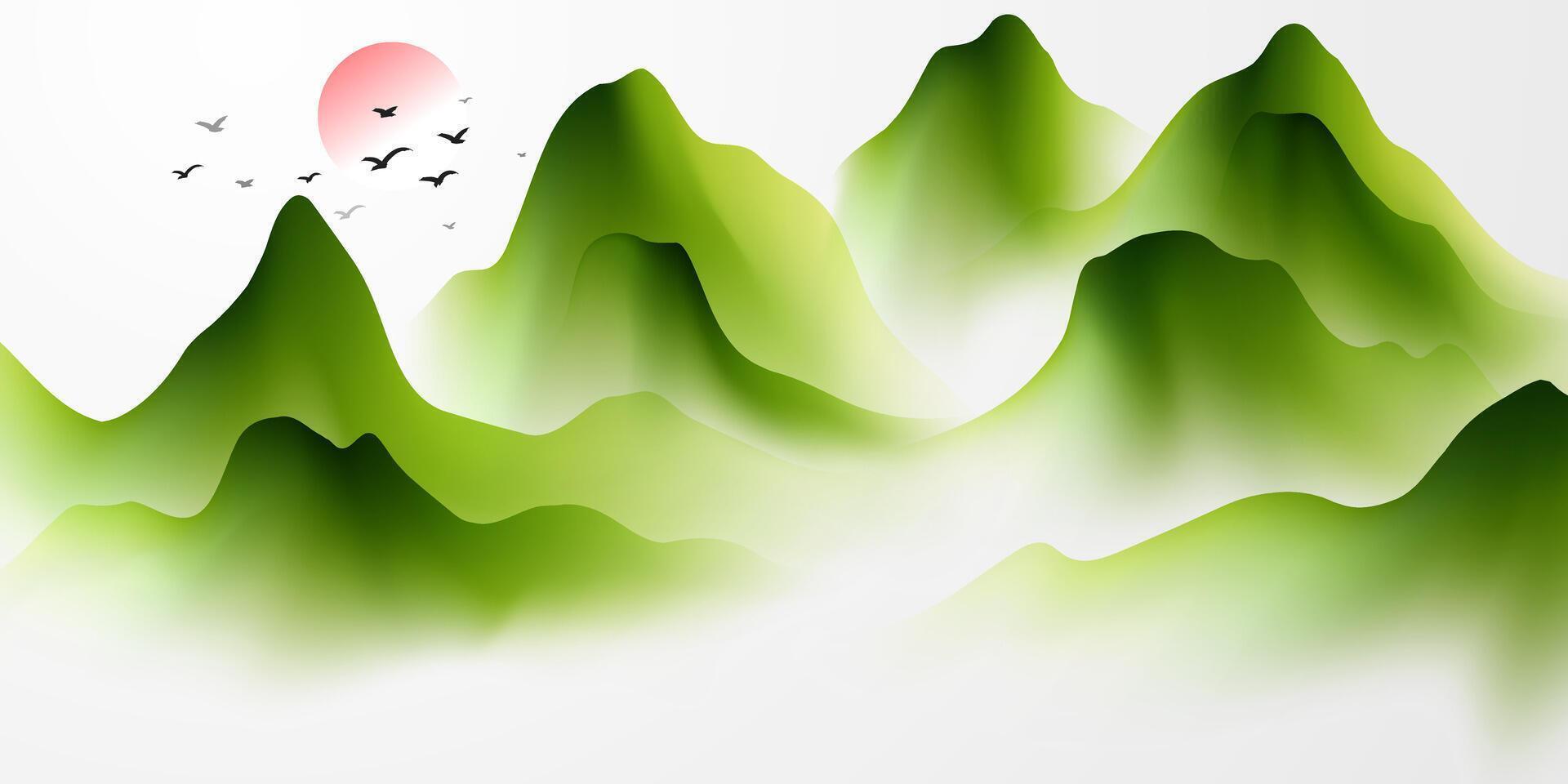 A green mountain landscape with birds flying over it vector