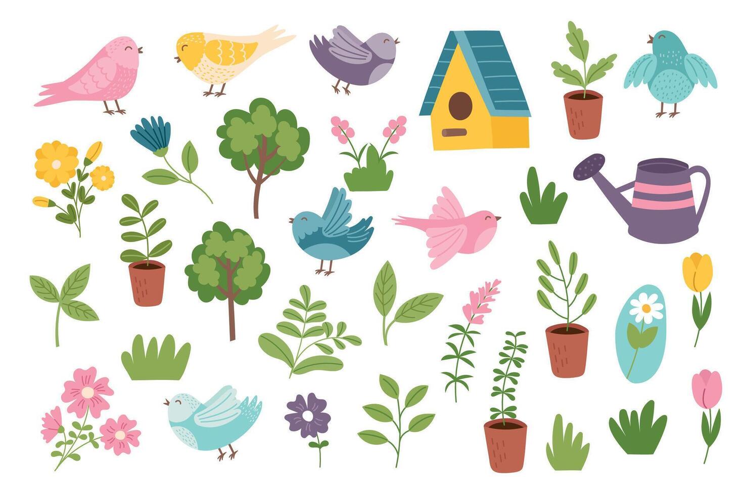 Spring and gardening cliparts collection. Spring objects isolated on white background. Spring and Easter concept elements vector