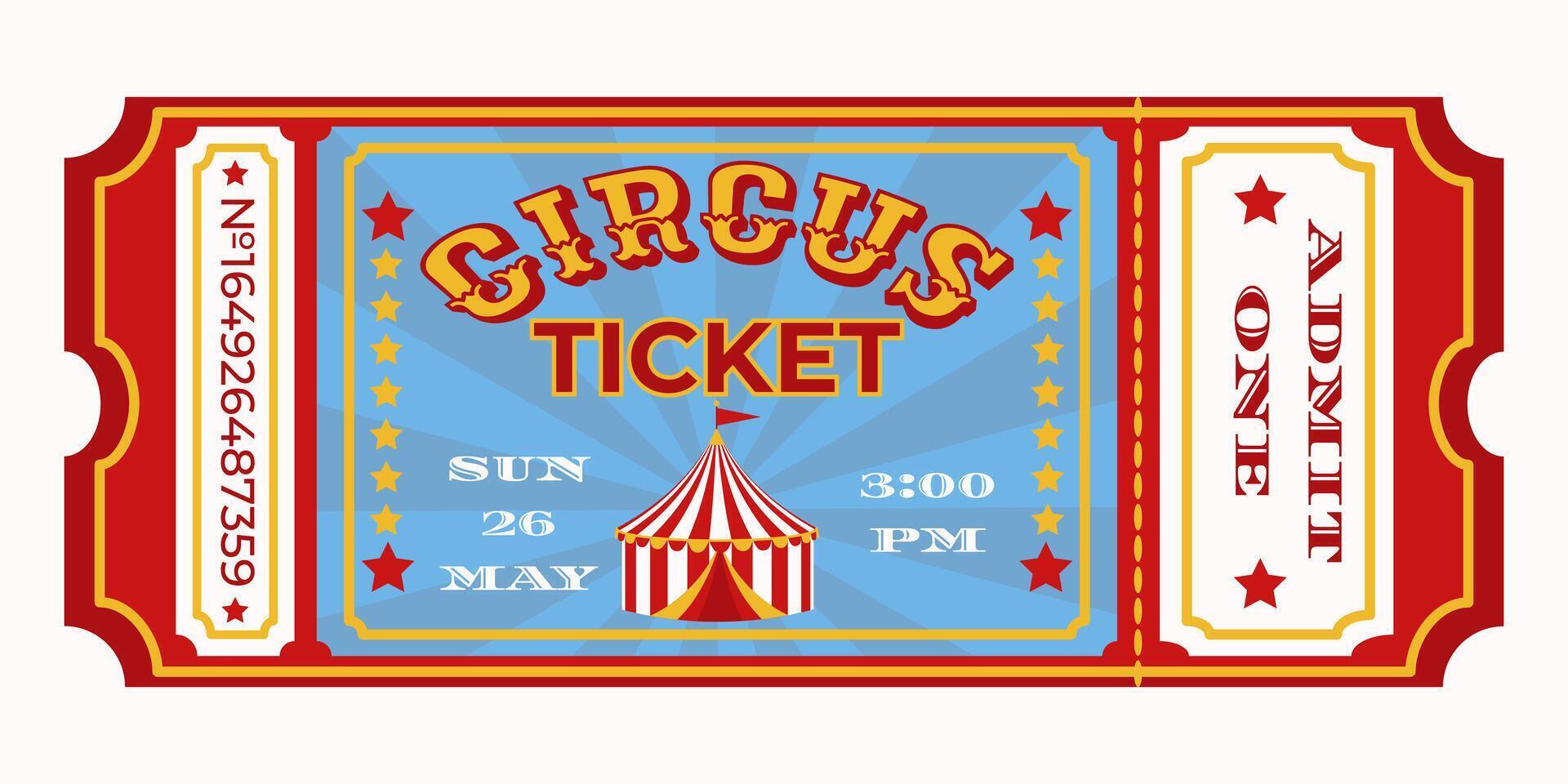 Vintage circus ticket with red and blue design featuring a striped circus tent, stars, and event details. Event pass template for admission and entertainment entry. vector