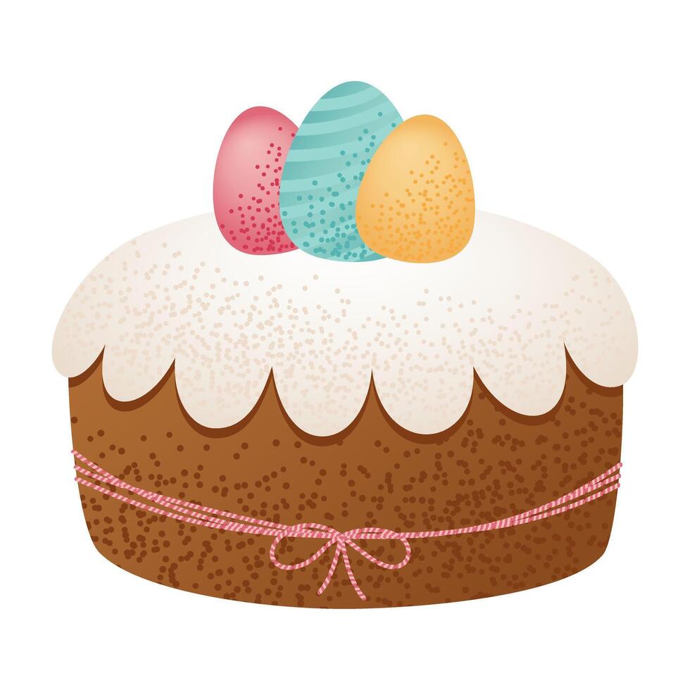 Easter cake with white icing and colorful eggs on top, decorated with ribbon. Traditional holiday dessert. Easter celebration and springtime holidays. vector