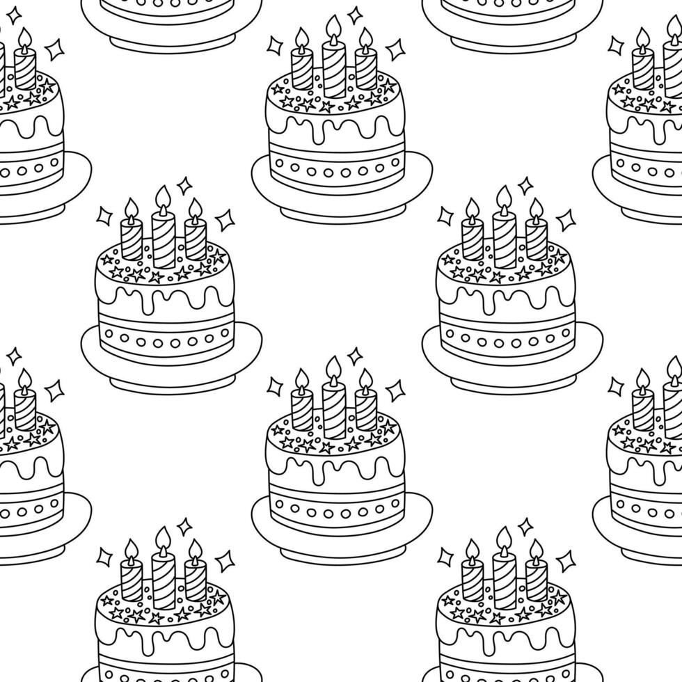 Seamless black and white pattern with hand drawn birthday cakes with candles and decorative elements. Monochrome celebration background for design and print. vector