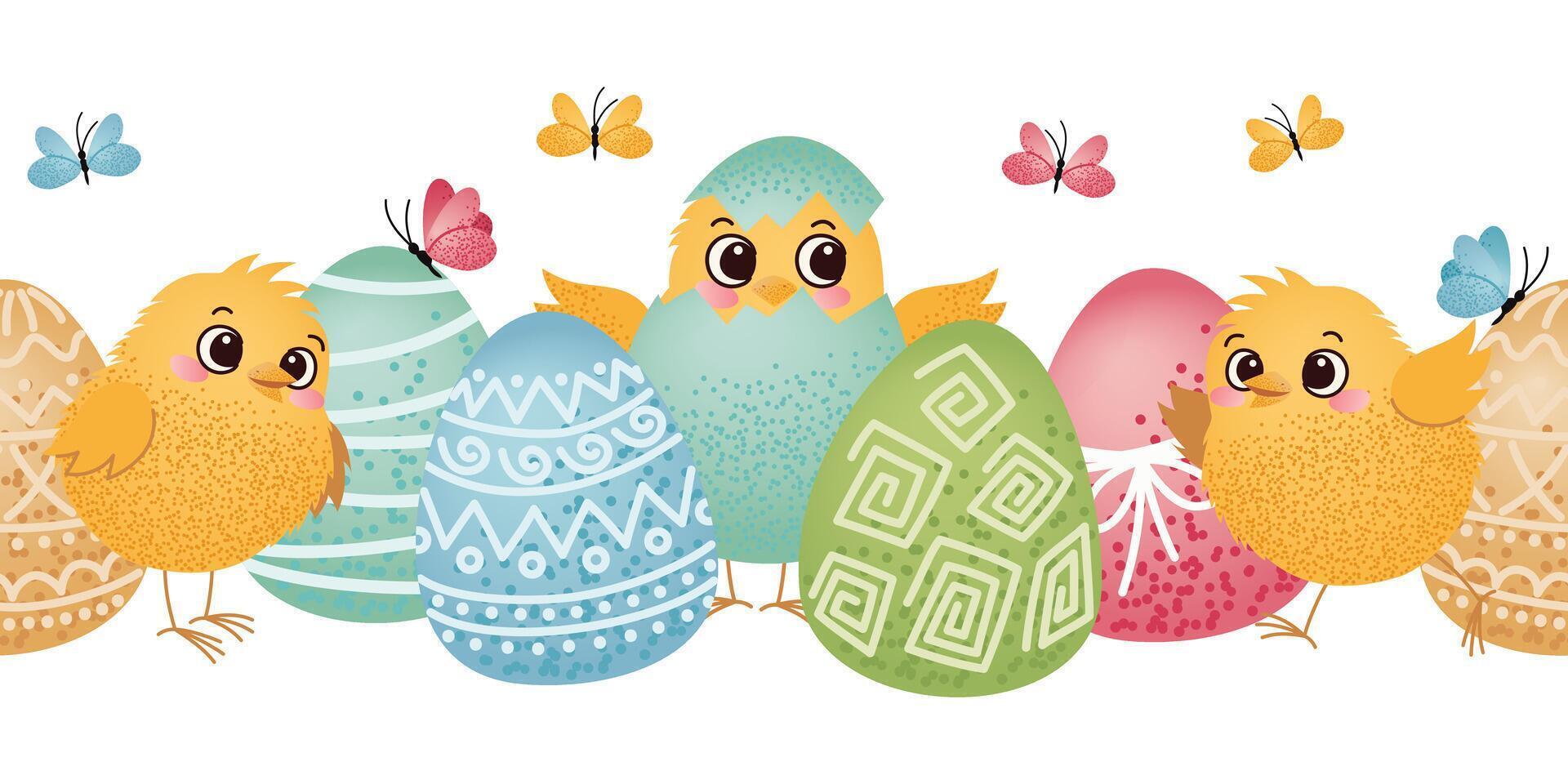 Cute yellow chicks and colorful easter eggs with butterflies flying around. Seamless Easter horizontal border, frame. Easter celebration and springtime holidays. vector