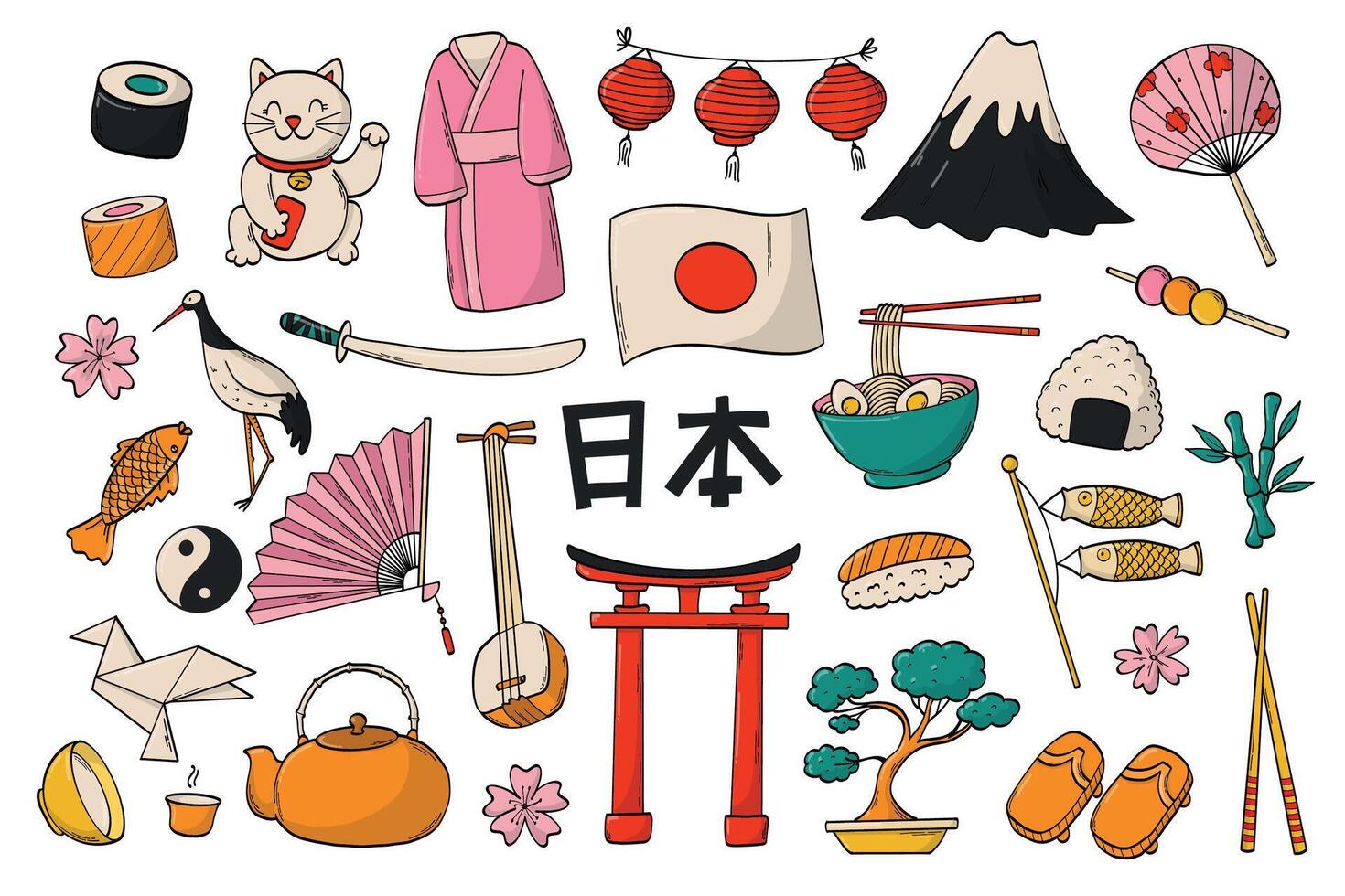 Japanese doodles, Japan cartoon elements collection, stickers set for prints, cards, planners, stationery, banners, etc. EPS 10 vector