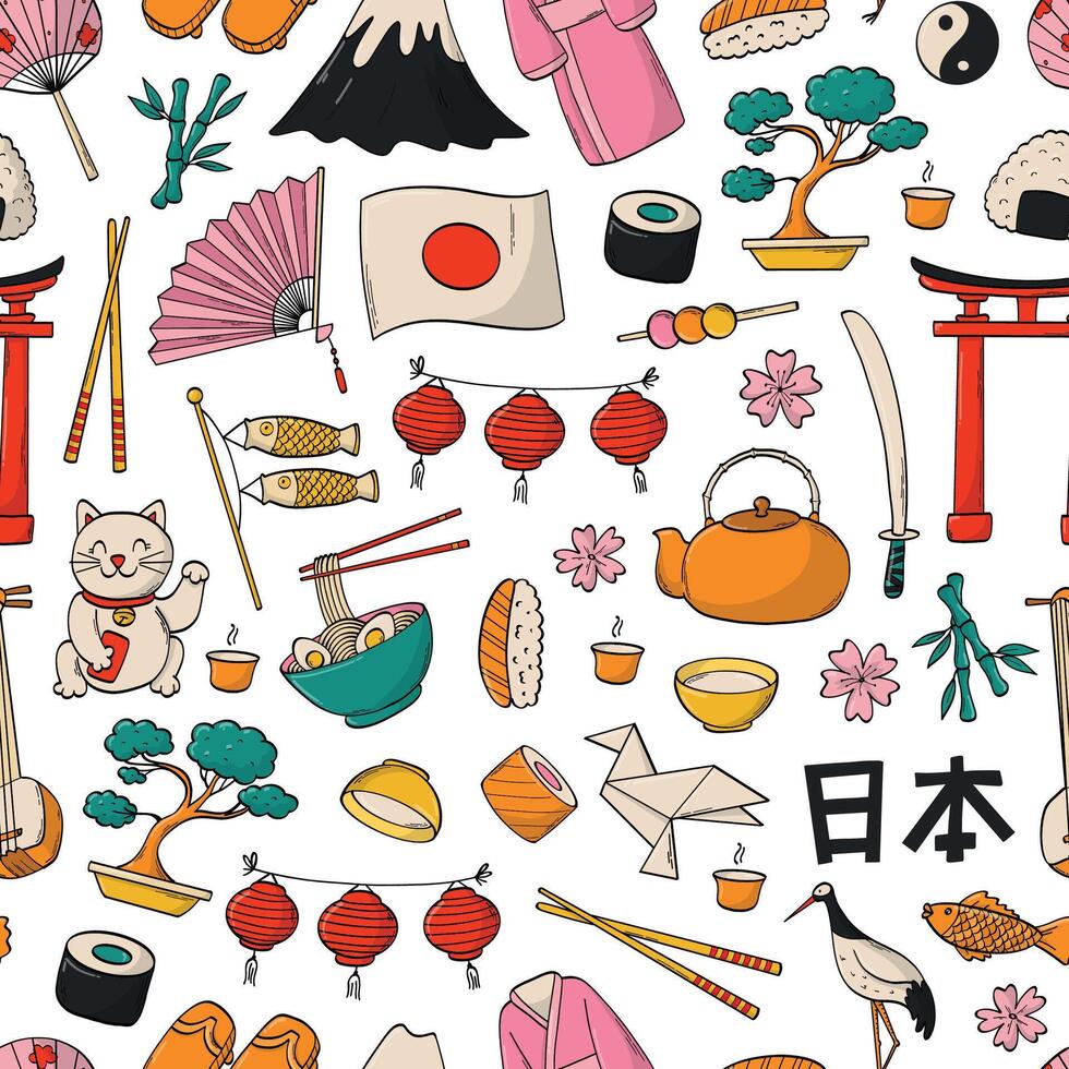 Japan doodles, cartoon elements seamless pattern for wallpaper, backgrounds, textile prints, wrapping paper, etc. EPS 10 vector