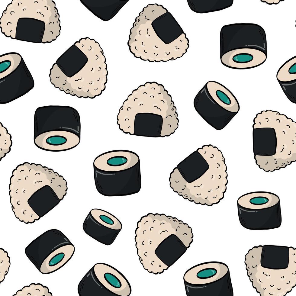 Japanese food, sushi seamless pattern with cartoon elements for wallpaper, wrapping paper, scrapbooking, stationery, textile prints, backgrounds, etc. EPS 10 vector