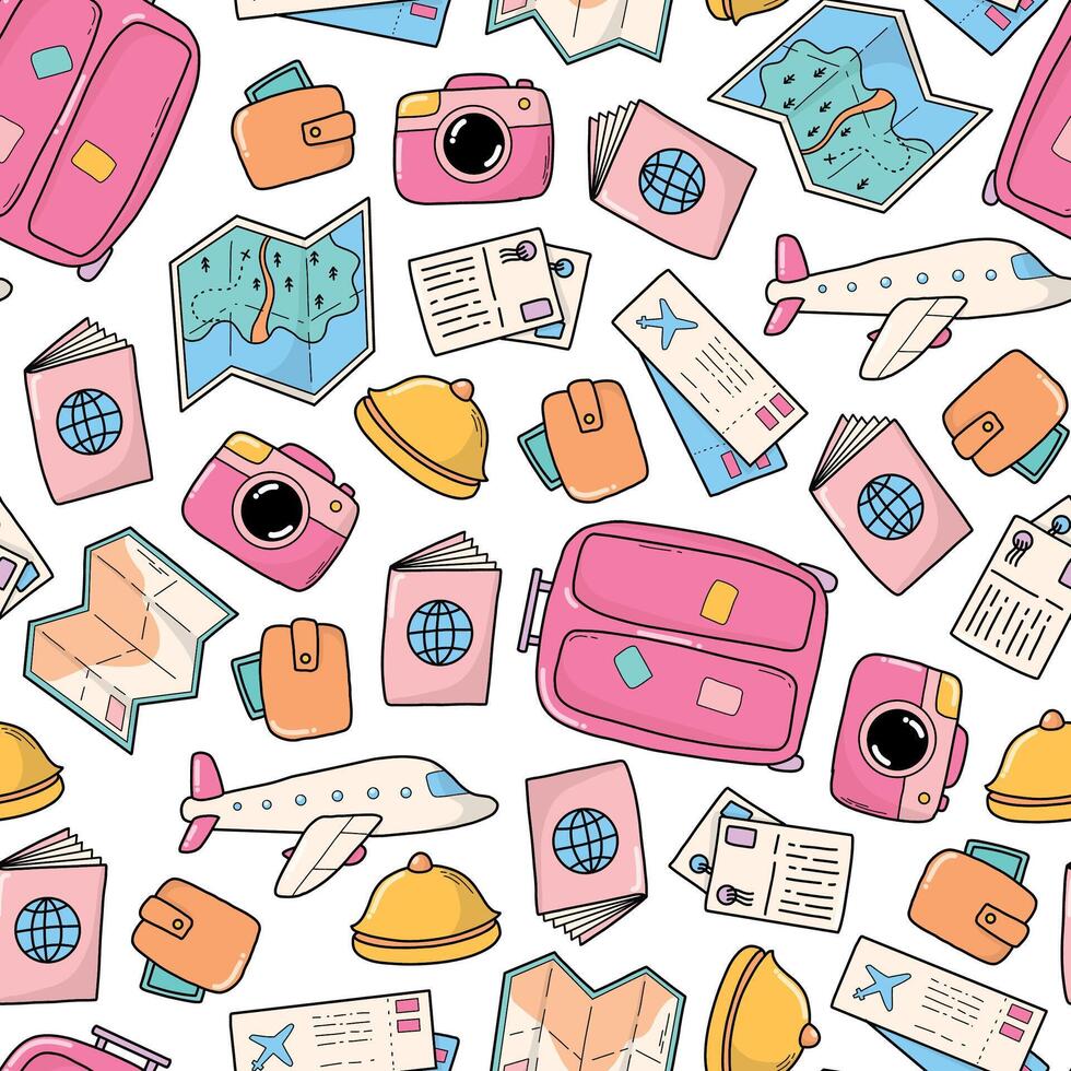 Travel doodles seamless pattern for wallpaper, digital paper, textile prints, backgrounds, stationery, wrapping paper, etc. EPS 10 vector