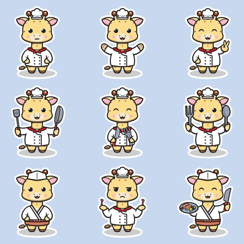 Illustrations of cute Giraffe chef mascot cartoon character. Illustration Collection of Giraffe icon isolated. vector