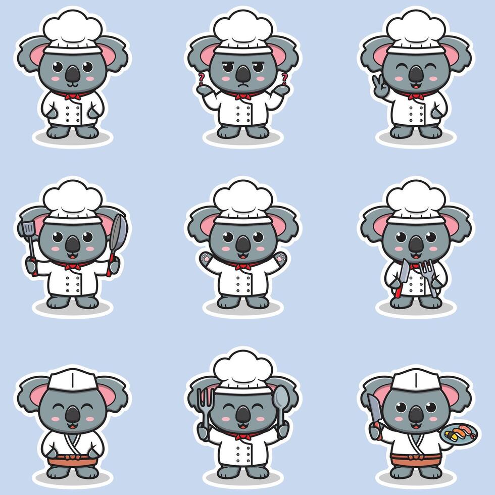 Illustrations of cute Koala chef mascot cartoon character. Illustration Collection of Koala icon isolated. vector