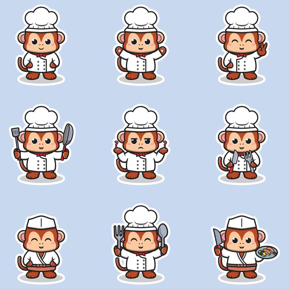 Illustrations of cute Monkey chef mascot cartoon character. Illustration Collection of Monkey icon isolated. vector