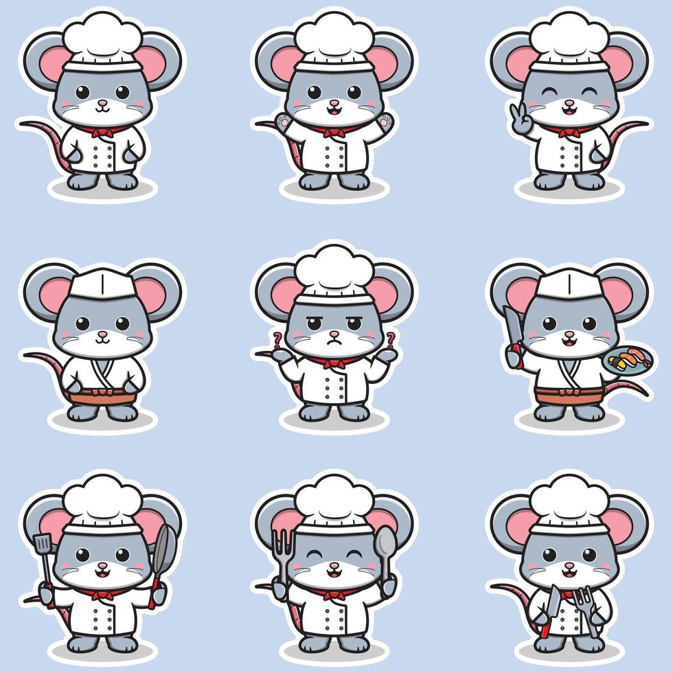 Illustrations of cute Mouse chef mascot cartoon character. Illustration Collection of Mouse icon isolated vector