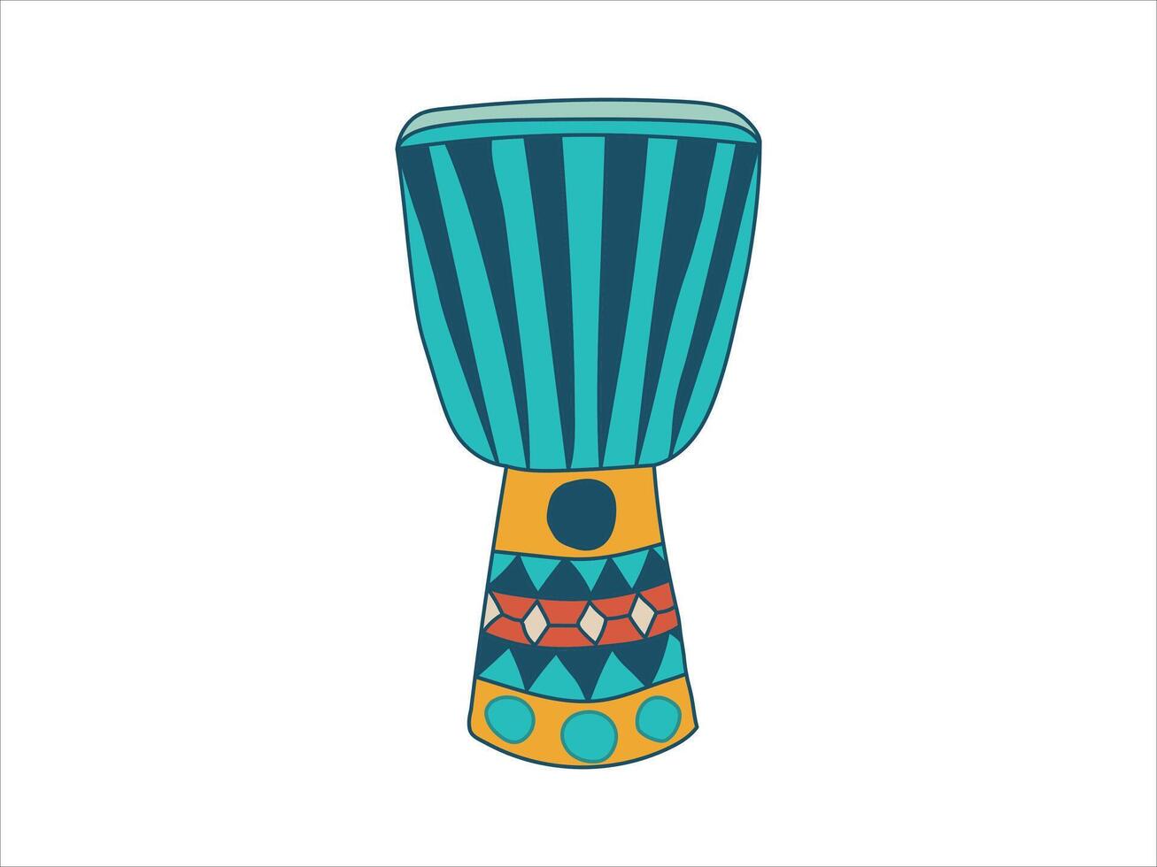 Colorful African Djembe Drum Illustration with Geometric Patterns and Stripes Design. Concept of Traditional Music, Cultural Heritage, Vibrant Percussion Instrument, Ethnic Art Style. White Background vector