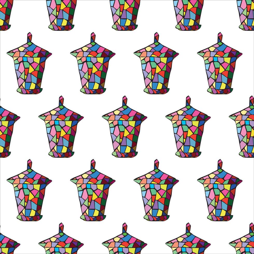 Seamless Pattern of Colorful Mosaic Street Lamps Lanterns on White Background. Concept of Urban Art, Stained Glass, Repetitive Design, Vibrant Decoration, Creative Patterns, Modern Cityscape Elements vector