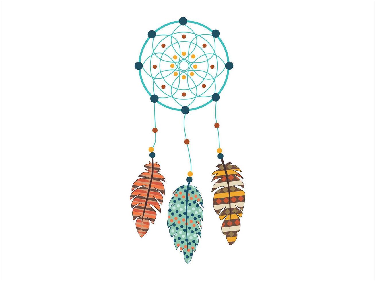 Colorful Dream catcher with Feather Ornaments on White Background. Concept of Native American Symbolism, Bohemian Decoration, Spiritual Protection, Ethnic Art, and Whimsical Design. vector