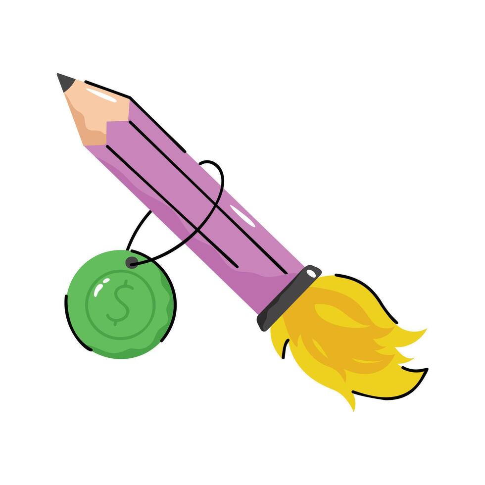 Burning pencil with coin denoting business product launch, doodle icon vector