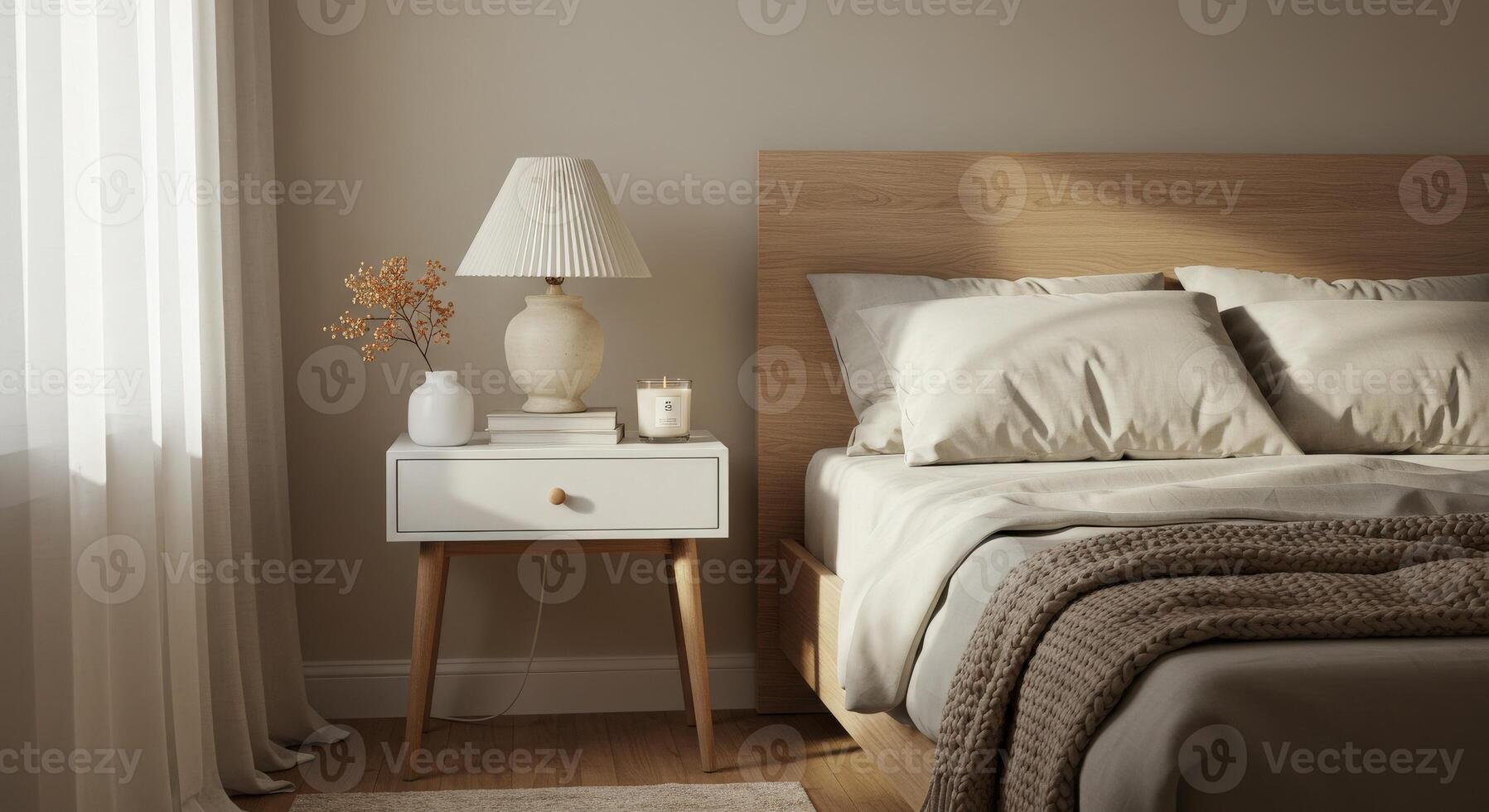 A bedroom with a bed, nightstand and lamp photo