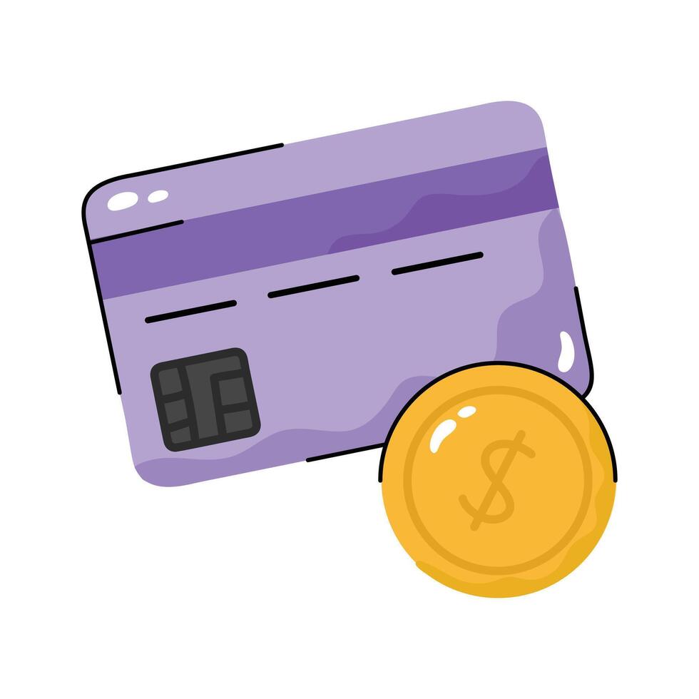 Credit card with a dollar coin, hand drawn style icon vector