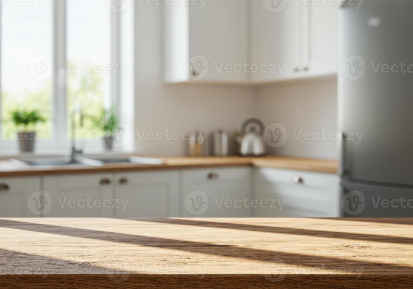 A kitchen table with a refrigerator and stove top photo