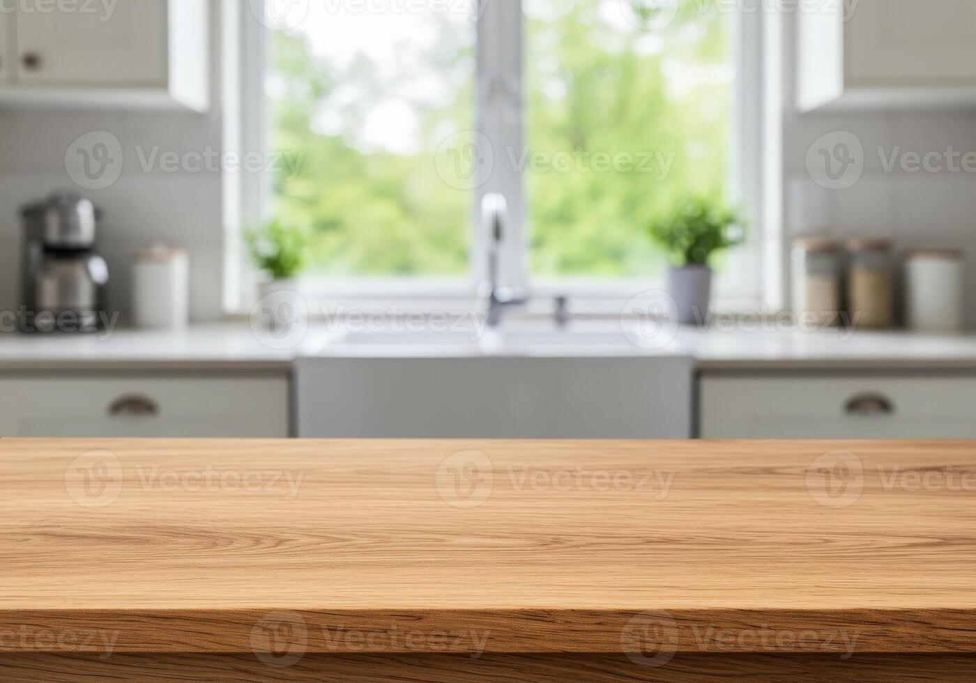 Wooden table top in kitchen with window photo
