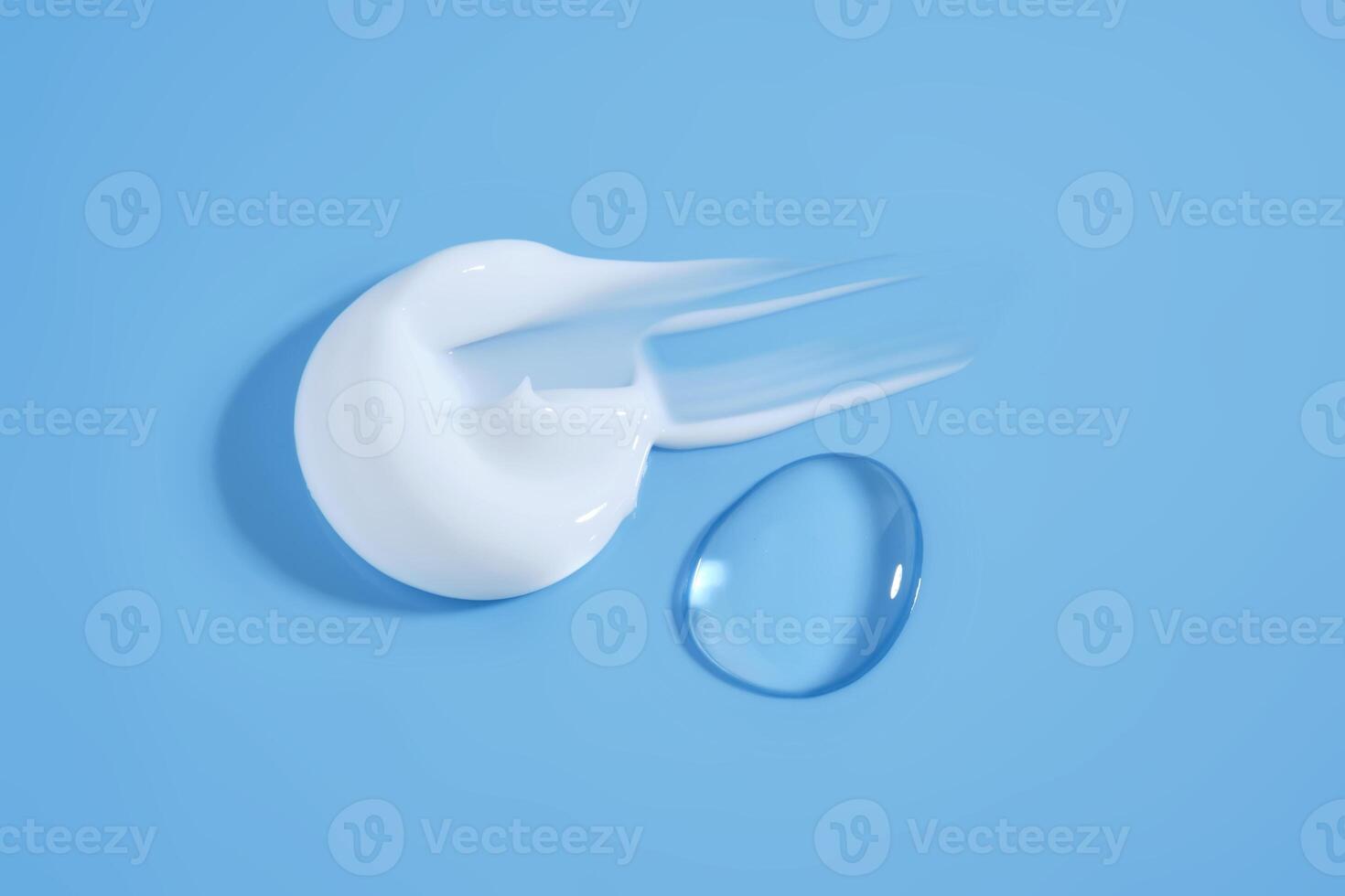 A smear of white cream And a drop of serum on a blue background. photo