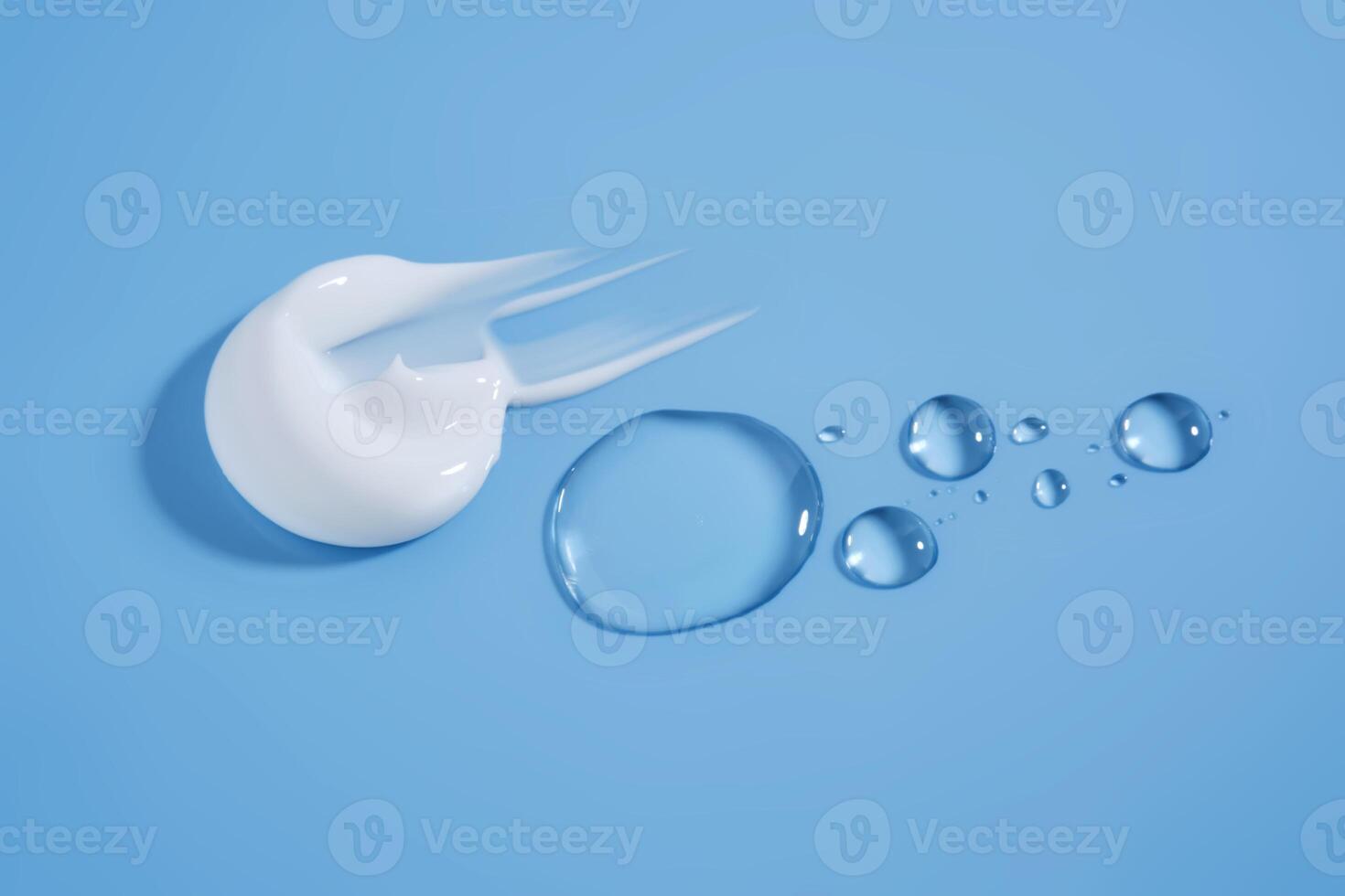A smear of white cream And a drop of serum on a blue background. photo