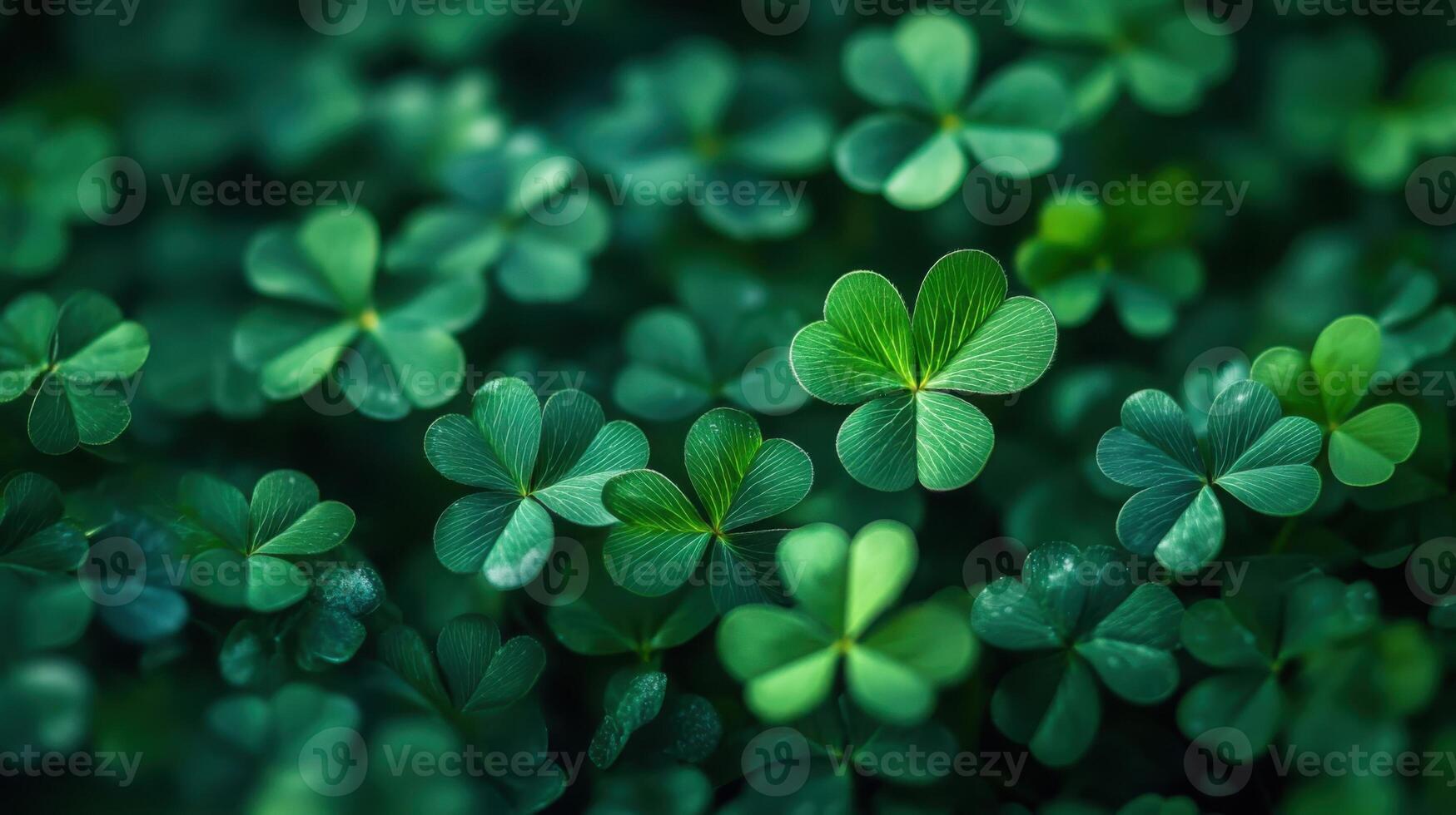 Green three-leaf clovers scattered across a rich emerald background. Background for St. Patrick's day. photo