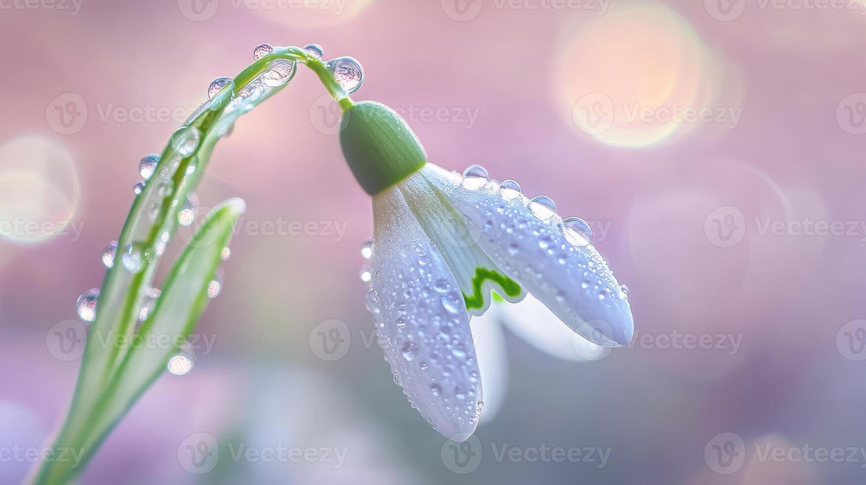 Macro shot of a tender snowdrop flower adorned with beautiful rain drops on its soft petals. photo