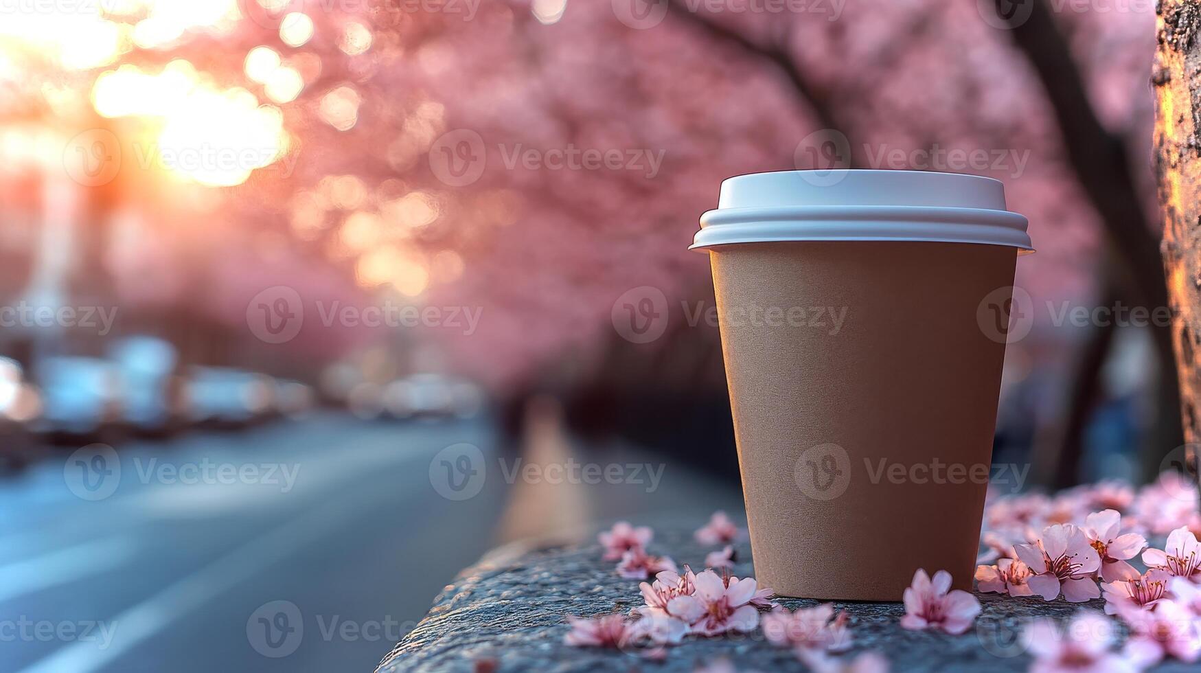 A brown coffee cup rests on a stone edge, surrounded by delicate cherry blossoms, with a warm sunset illuminating the background. photo