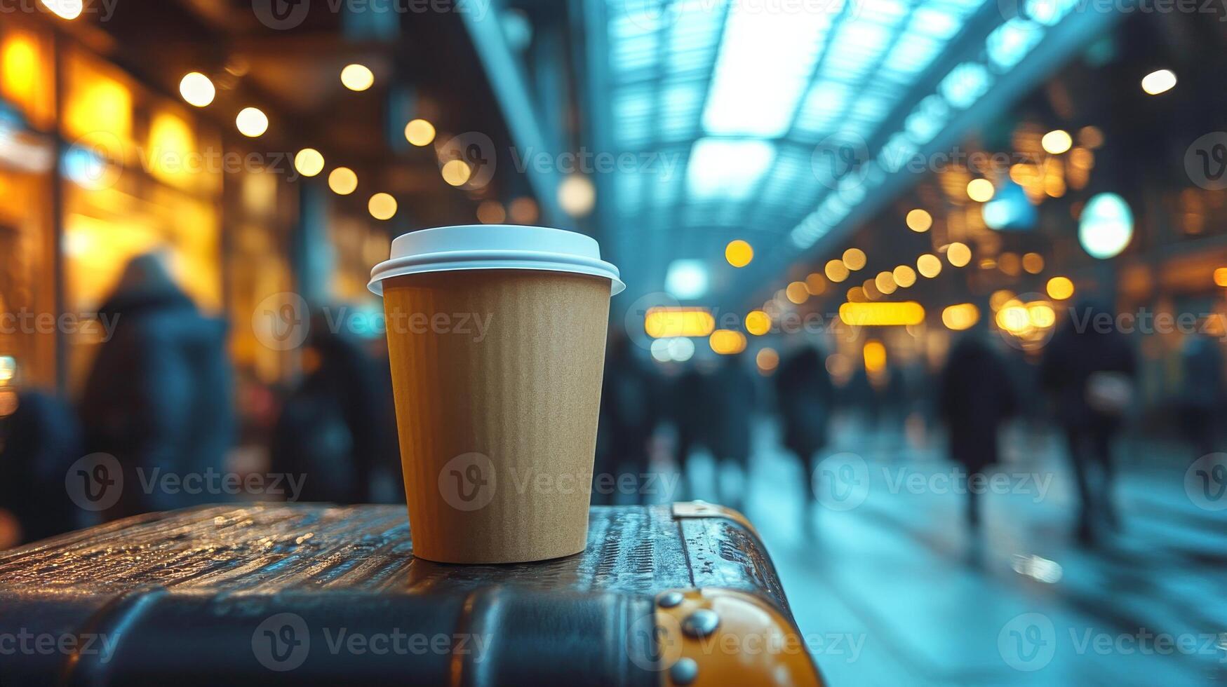 A warm cup of coffee is placed on a vintage suitcase in a bustling station. Passersby create a lively atmosphere as evening lights illuminate the space. photo