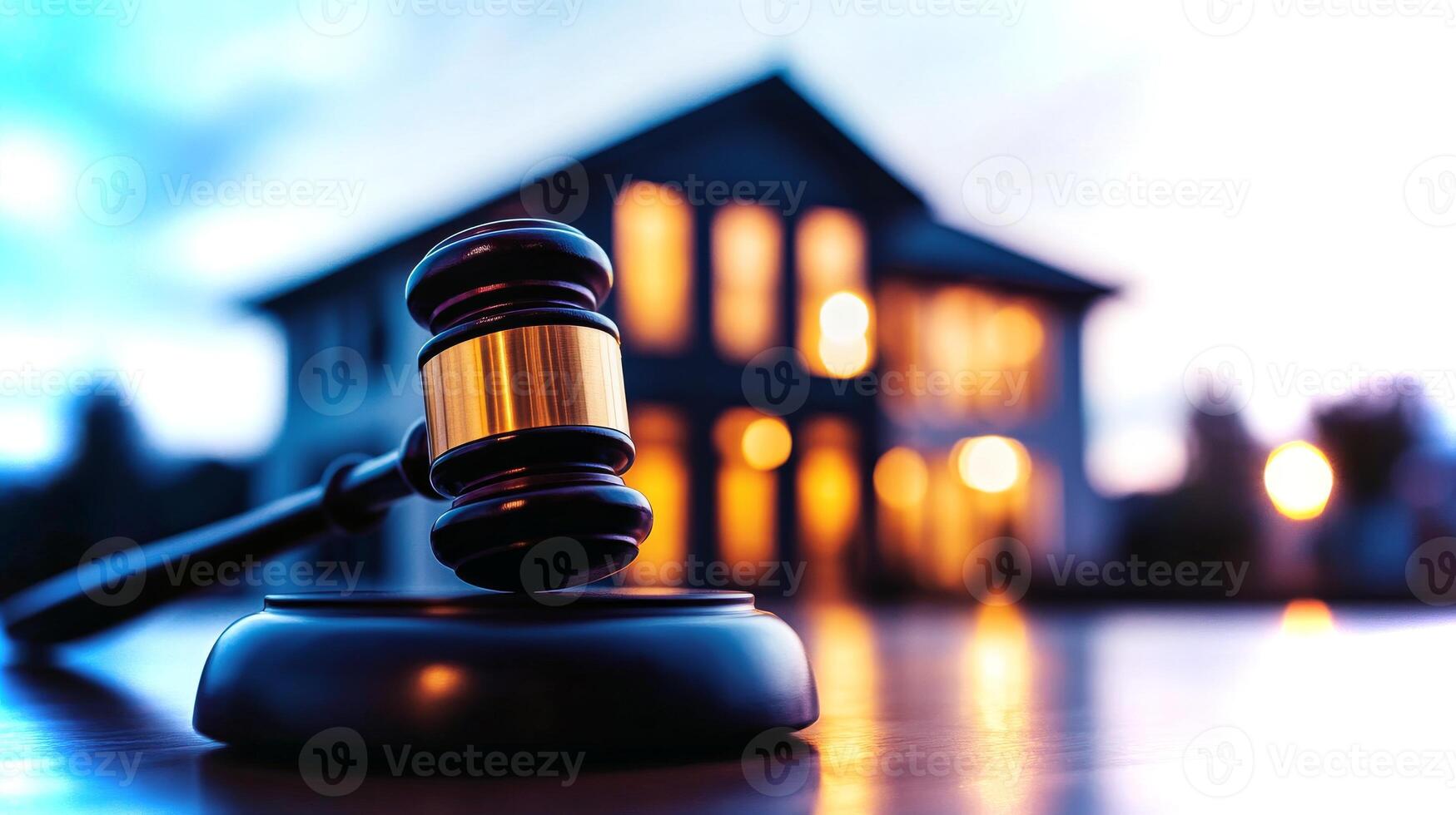 A gavel rests on a desk in front of a charming courthouse, with soft light illuminating the building at dusk. Justice prevails in the legal realm. photo