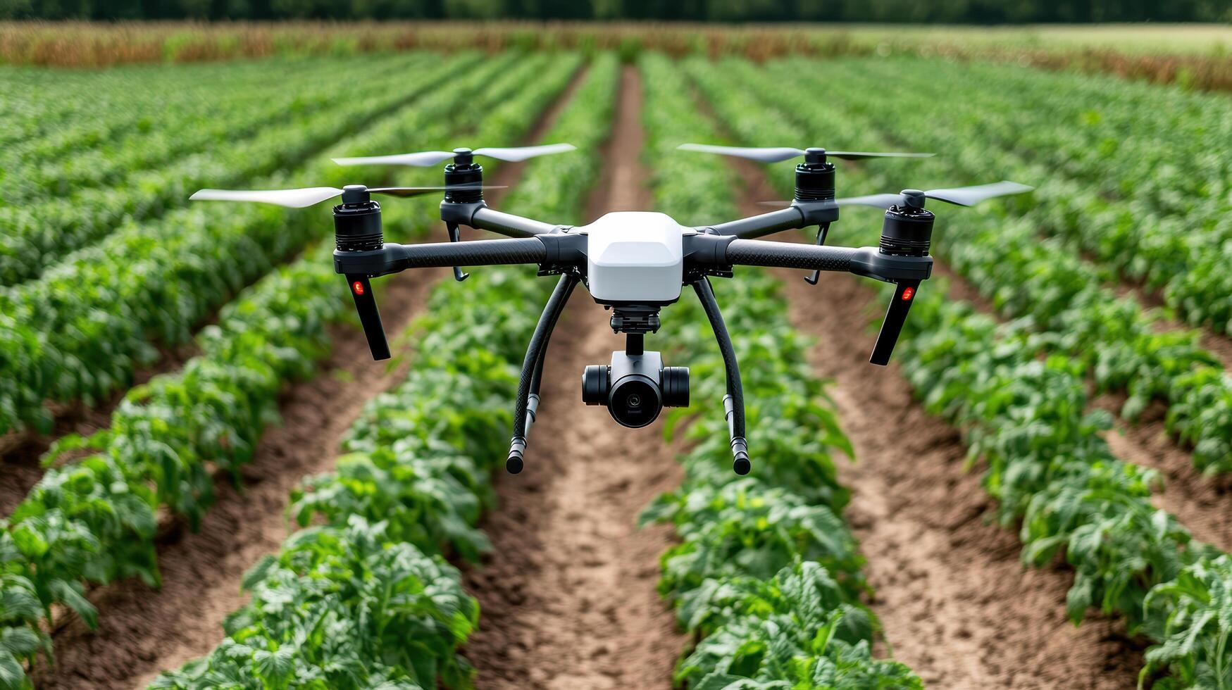 High tech drone flying over green agricultural field, showcasing innovation photo