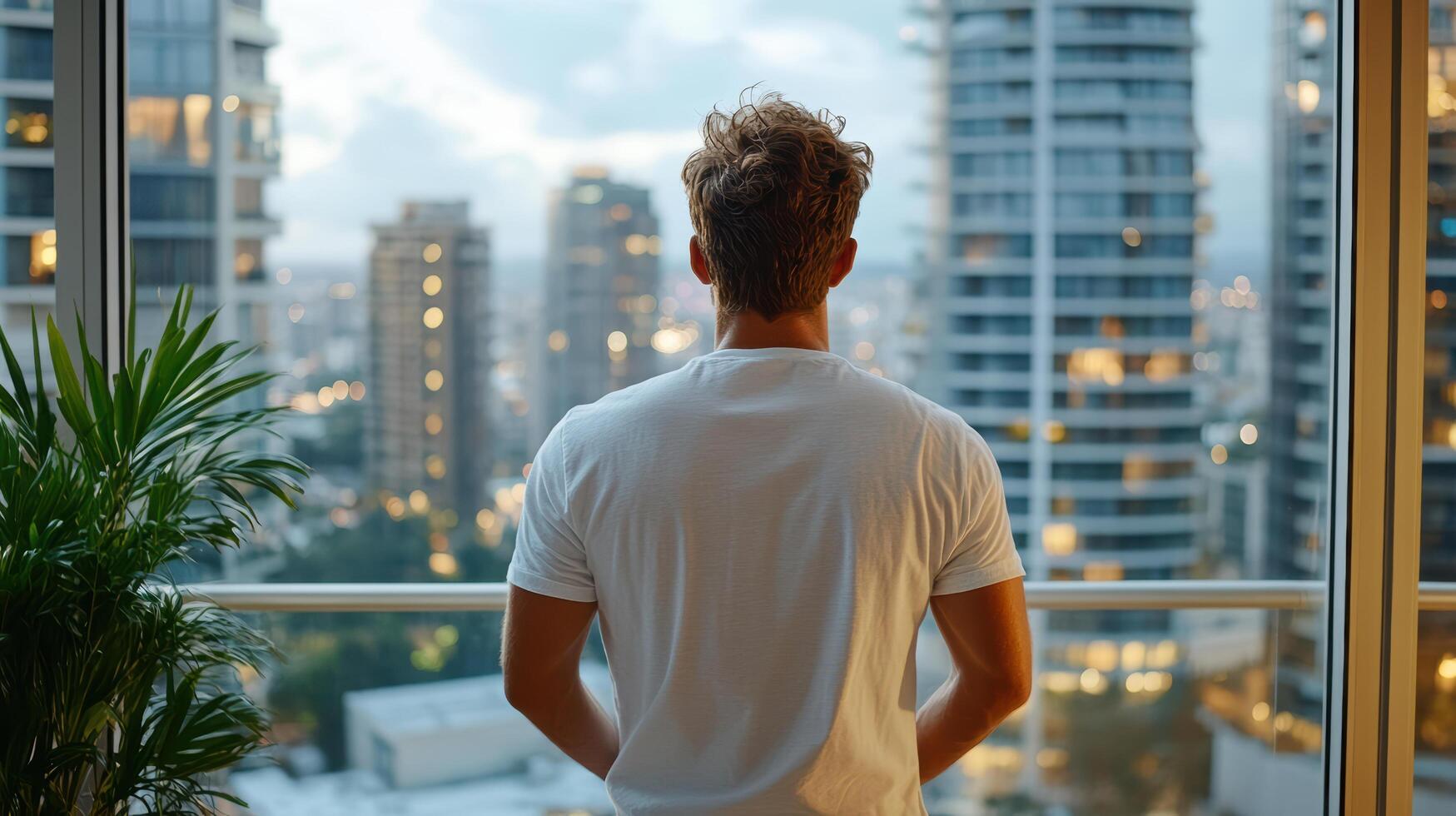young man gazes out at city skyline from his modern office, feeling inspired photo