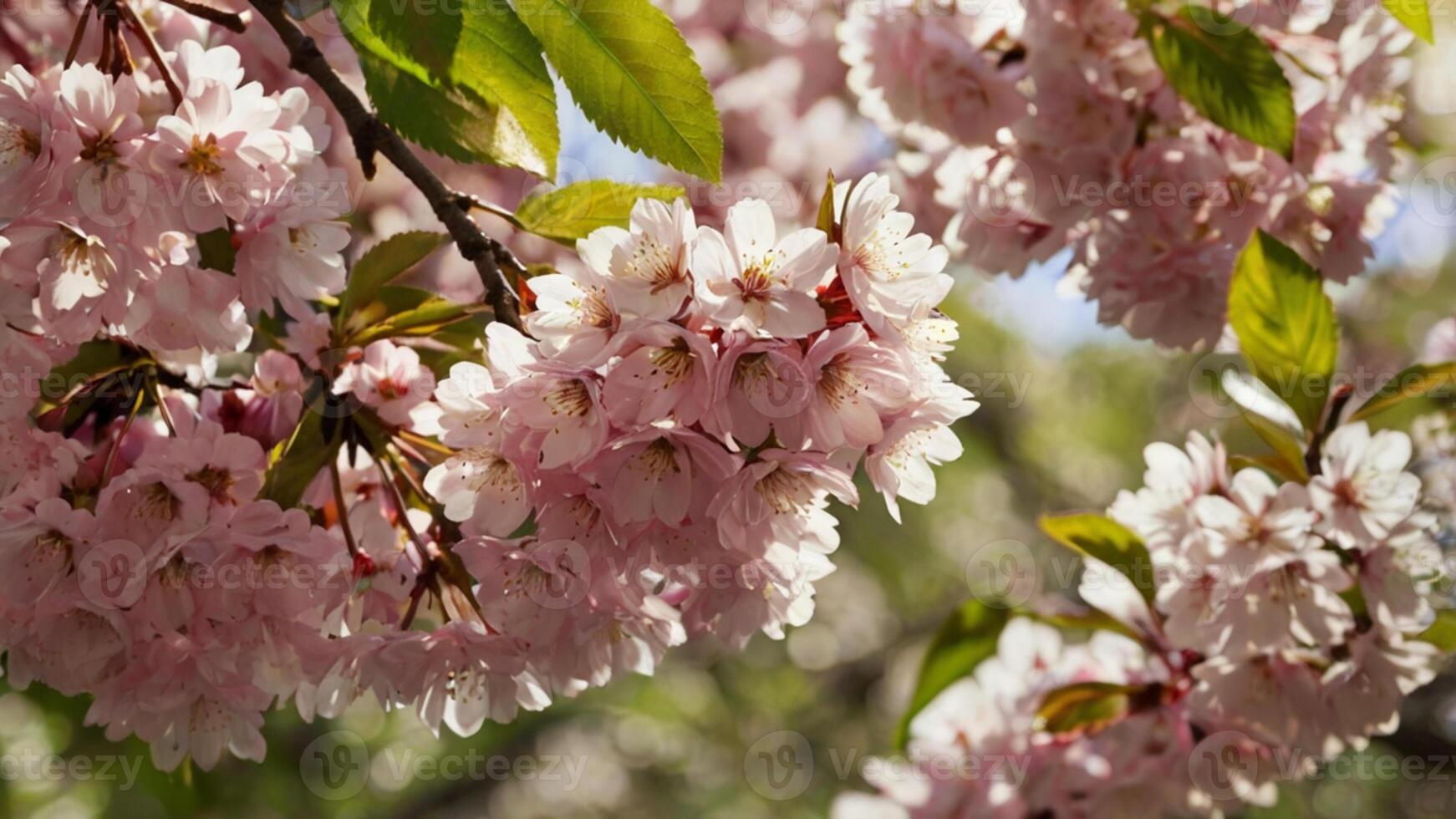 Close-up of cherry blossom branches covered in pink flowers. A vibrant spring scene photo