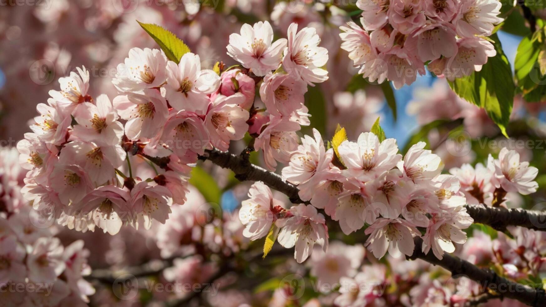A closeup of cherry blossom branches adorned with vibrant pink flowers photo
