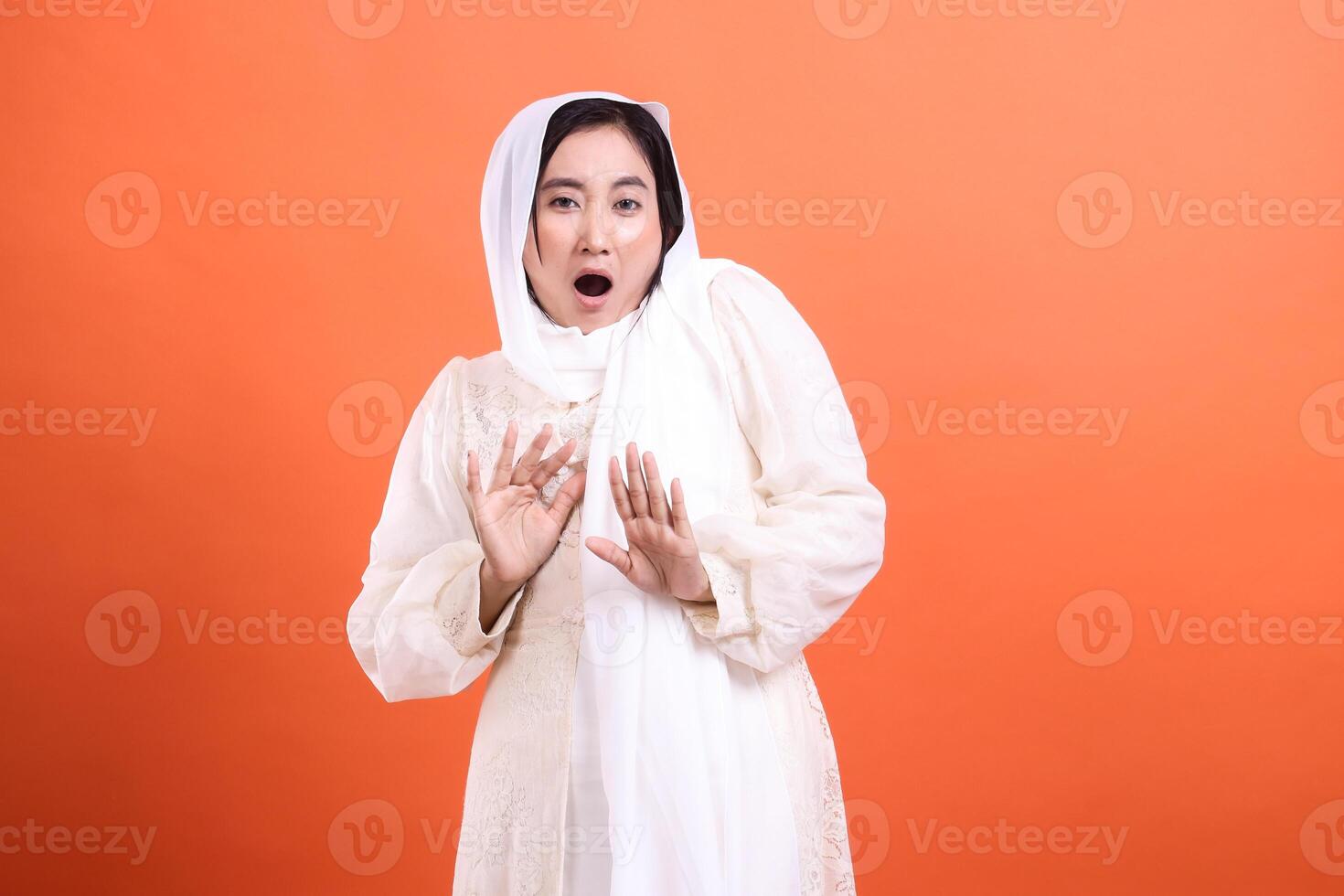 Startled Expression, Woman in hijab conveys shock and caution wi photo