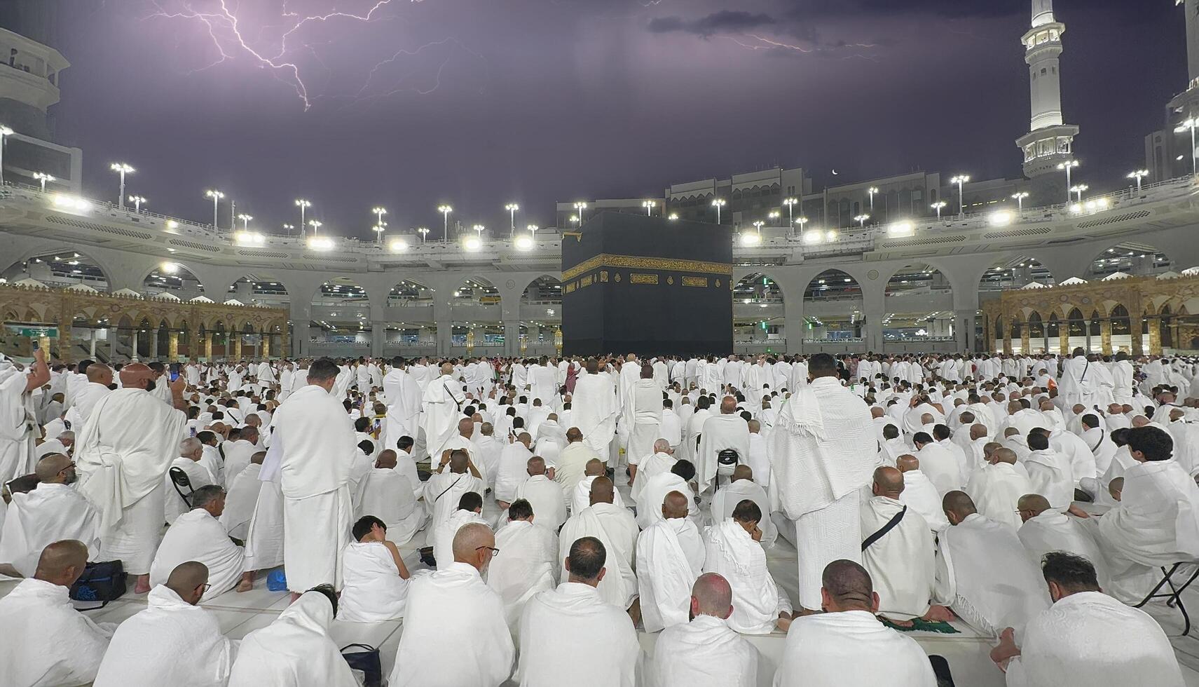 Muslim pilgrims perform Tawaf around the Kaaba after dawn prayer at Masjid al-Haram in Makkah. Translation. Praise be to Allah Who created the heavens and the earth and made the darkness and the light photo