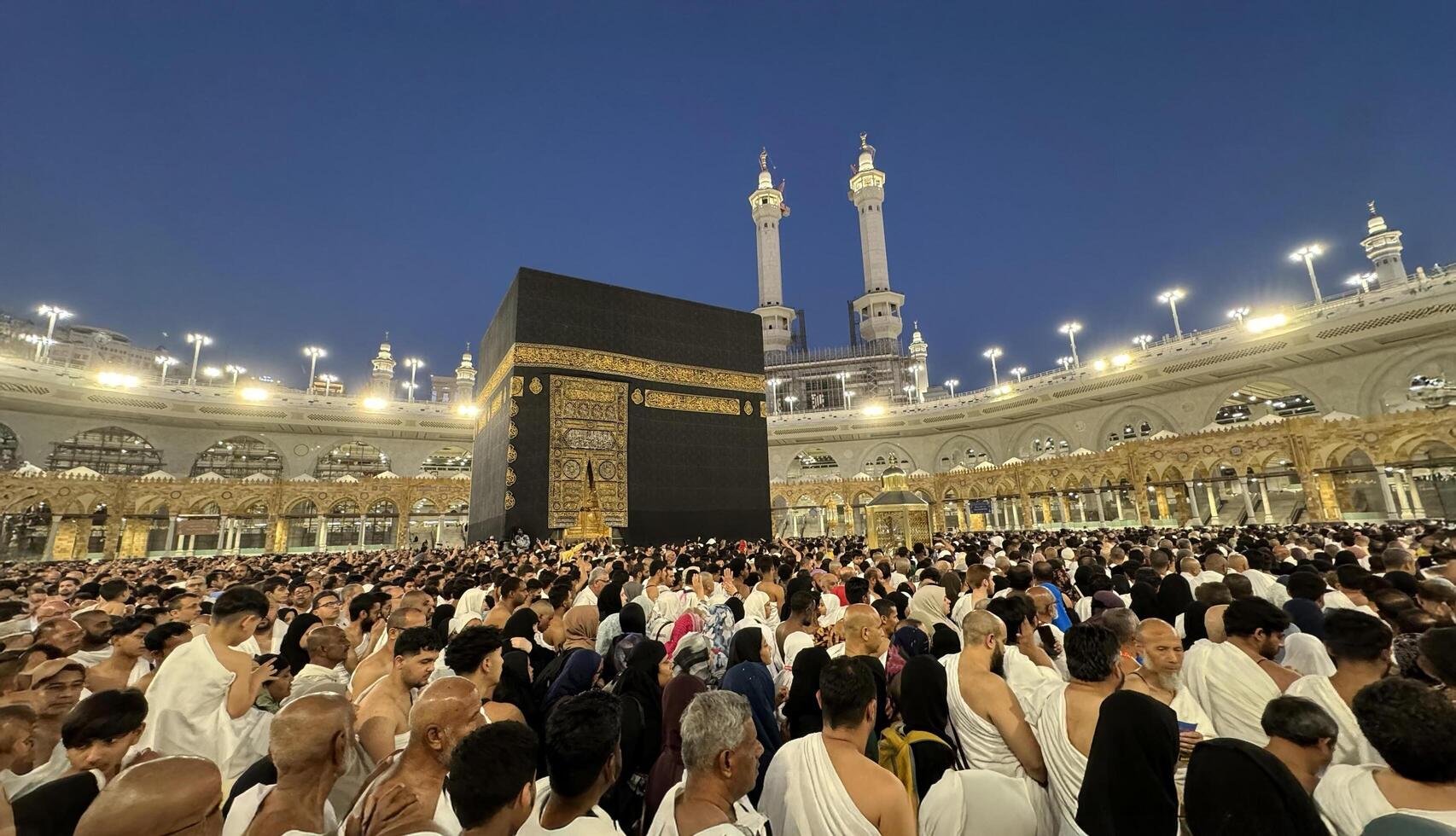 MECCA, SAUDI ARABIA - MAY 02 2024. View on Kaaba from second floor of Masjid Al Haram through some new constructions building around the masjid. High quality photo