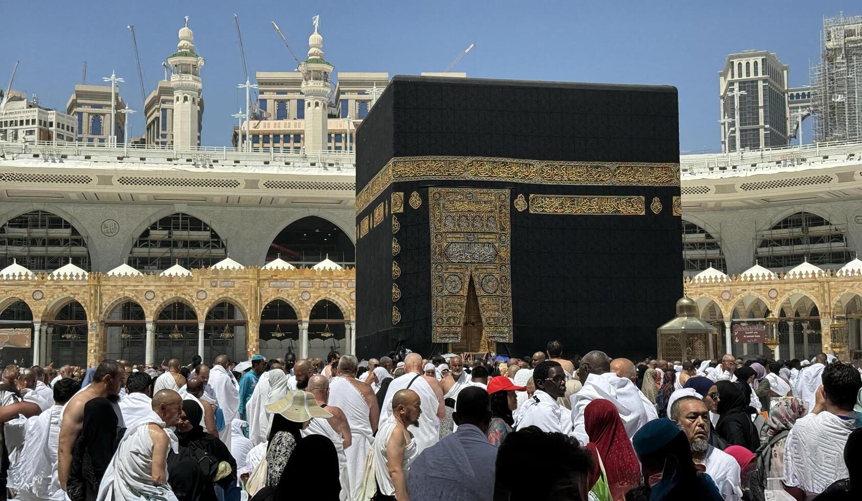 MECCA, SAUDI ARABIA - MAY 02 2024. View on Kaaba from second floor of Masjid Al Haram through some new constructions building around the masjid. High quality photo