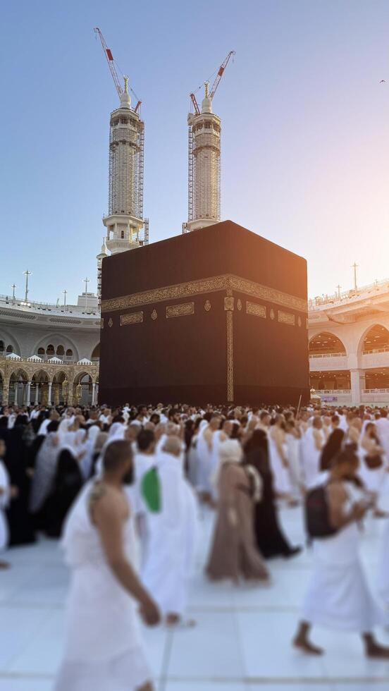 MECCA, SAUDI ARABIA - MAY 02 2024. View on Kaaba from second floor of Masjid Al Haram through some new constructions building around the masjid. High quality photo
