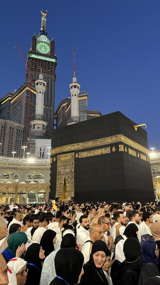 MECCA, SAUDI ARABIA - MAY 02 2024. View on Kaaba from second floor of Masjid Al Haram through some new constructions building around the masjid. High quality photo