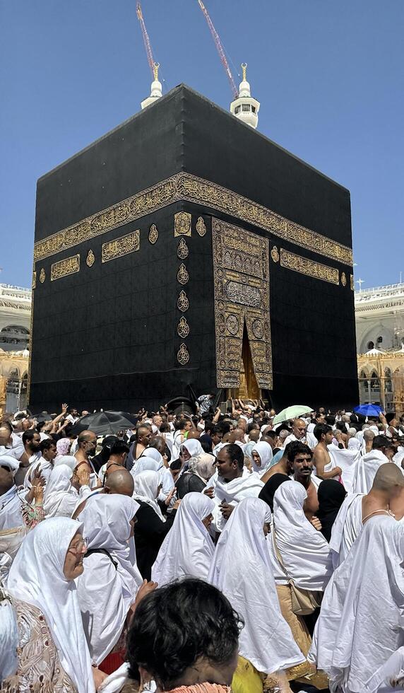 MECCA, SAUDI ARABIA - MAY 02 2024. View on Kaaba from second floor of Masjid Al Haram through some new constructions building around the masjid. High quality photo
