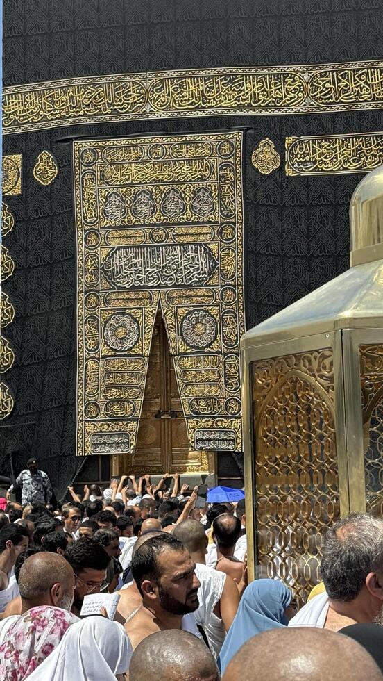 MECCA, SAUDI ARABIA - MAY 02 2024. View on Kaaba from second floor of Masjid Al Haram through some new constructions building around the masjid. High quality photo