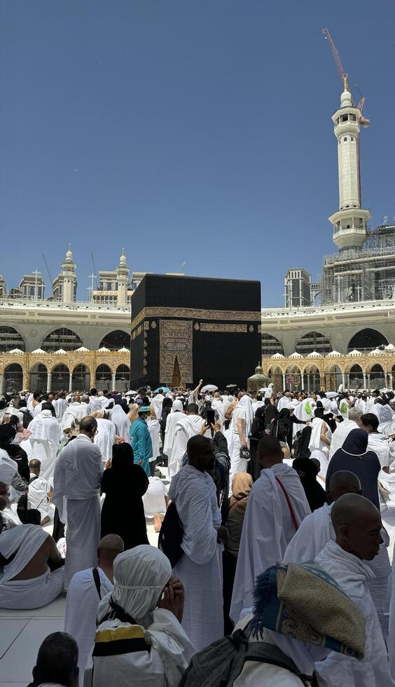 Muslim pilgrims perform Tawaf around the Kaaba after dawn prayer at Masjid al-Haram in Makkah. Translation. Praise be to Allah Who created the heavens and the earth and made the darkness and the light photo